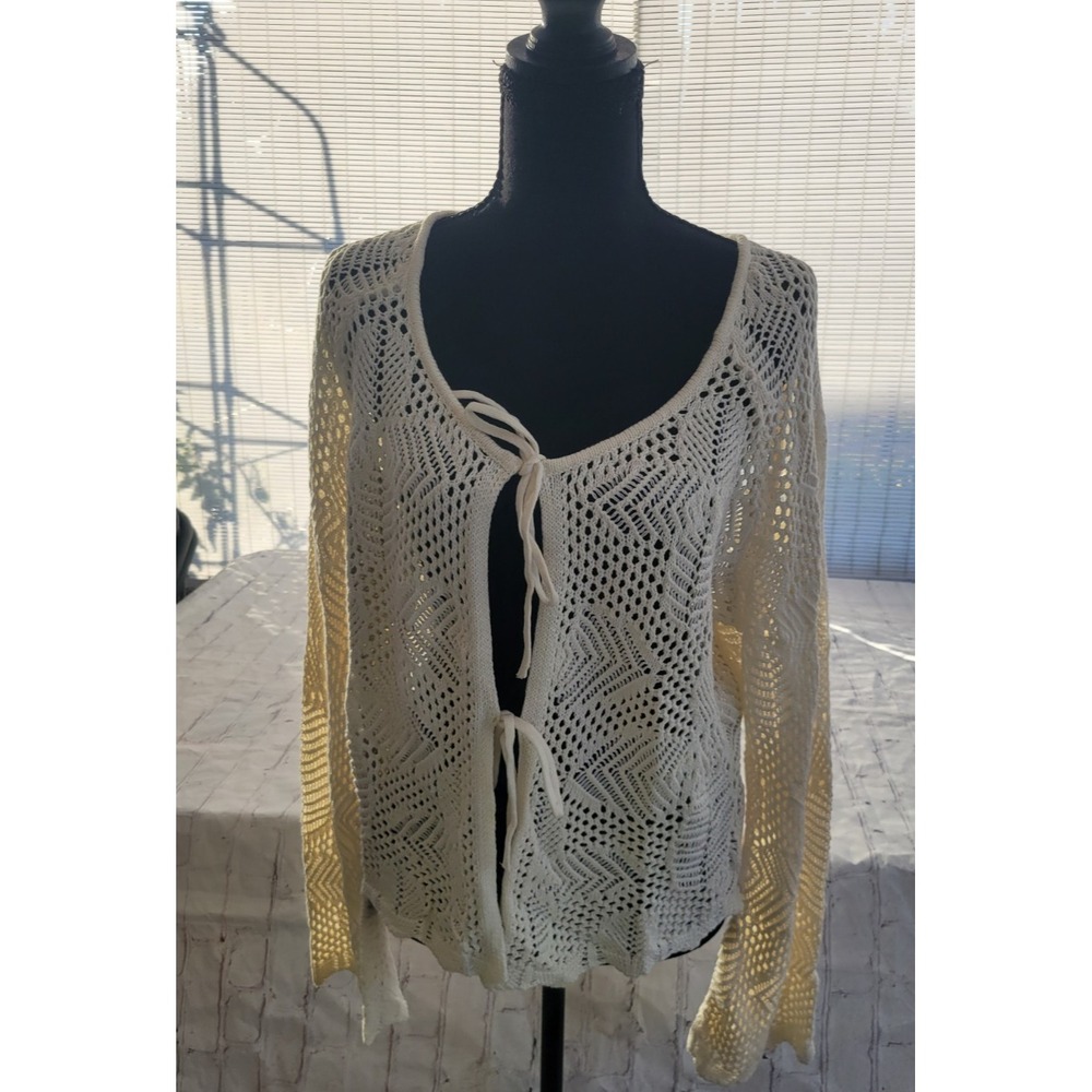 Celebrity Pink Cream Crochet Cardigan XL Boho Tie Front Bell Sleeve Open Knit